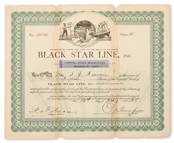 (GARVEY, MARCUS.) BLACK STAR LINE. To All of the Human Race who Love Liberty, Greeting: This is To Certify that Mrs. . . * First Series